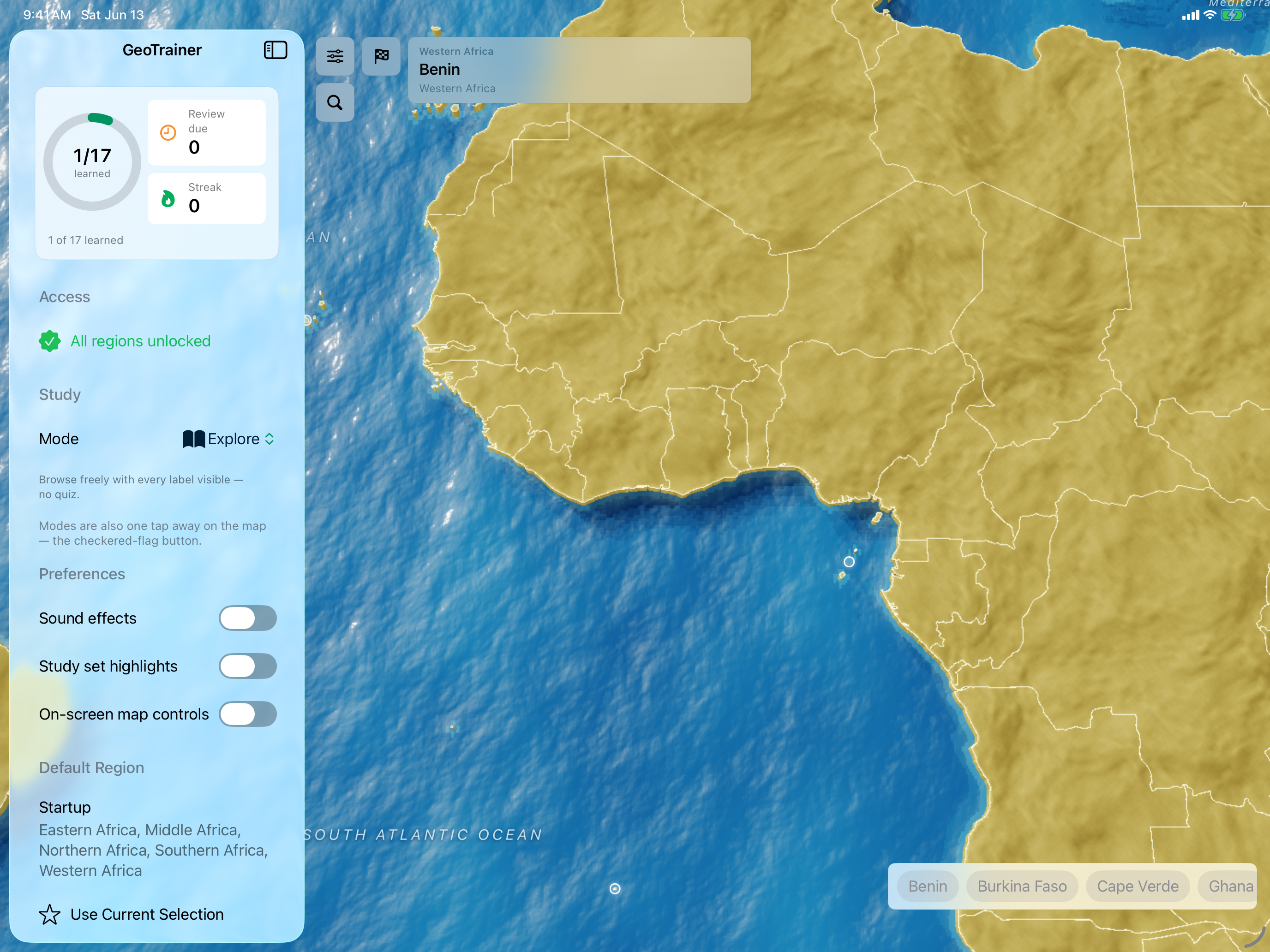 GeoTrainer learn mode labels on iPad