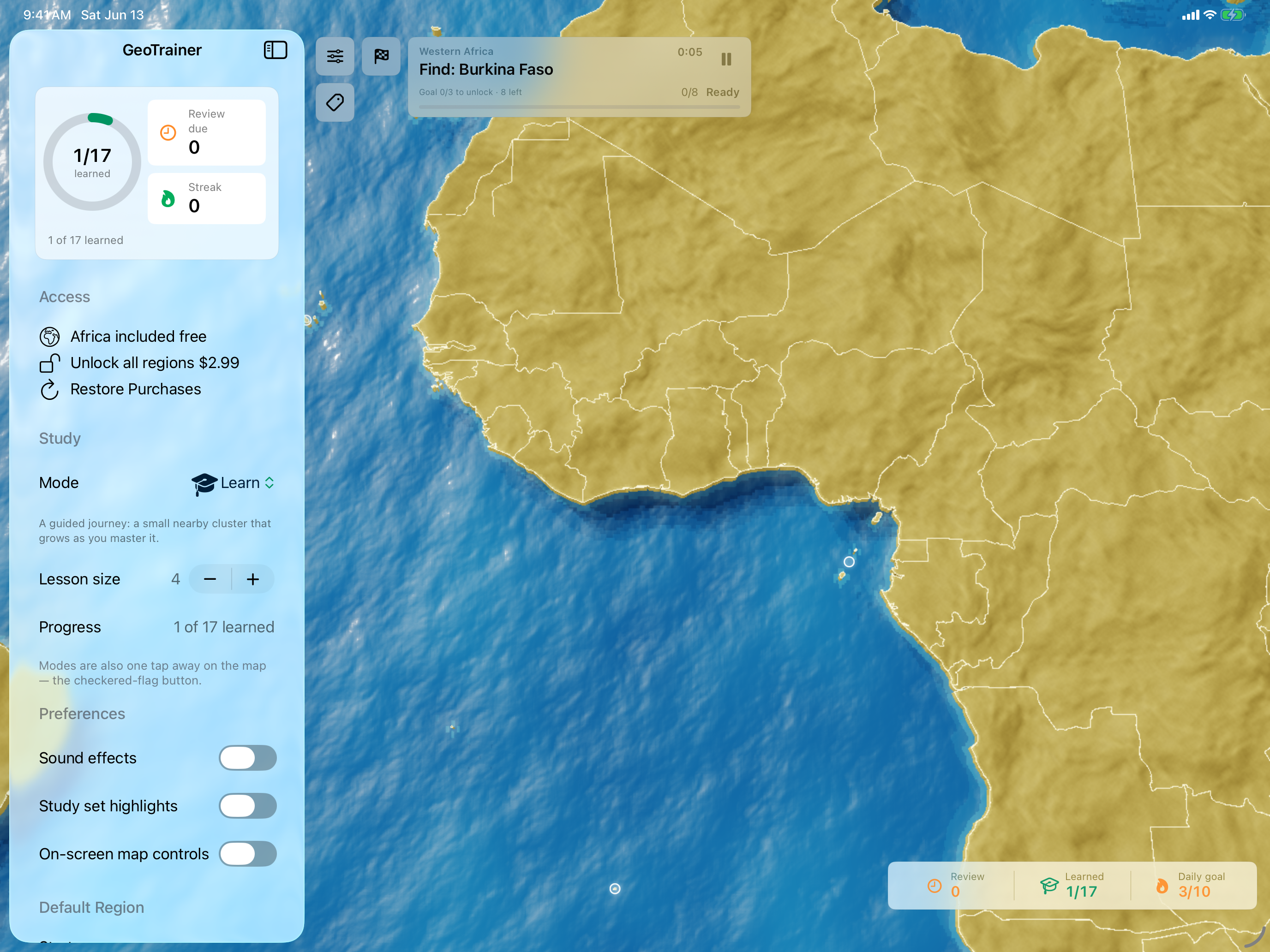 GeoTrainer on iPad with sidebar and map