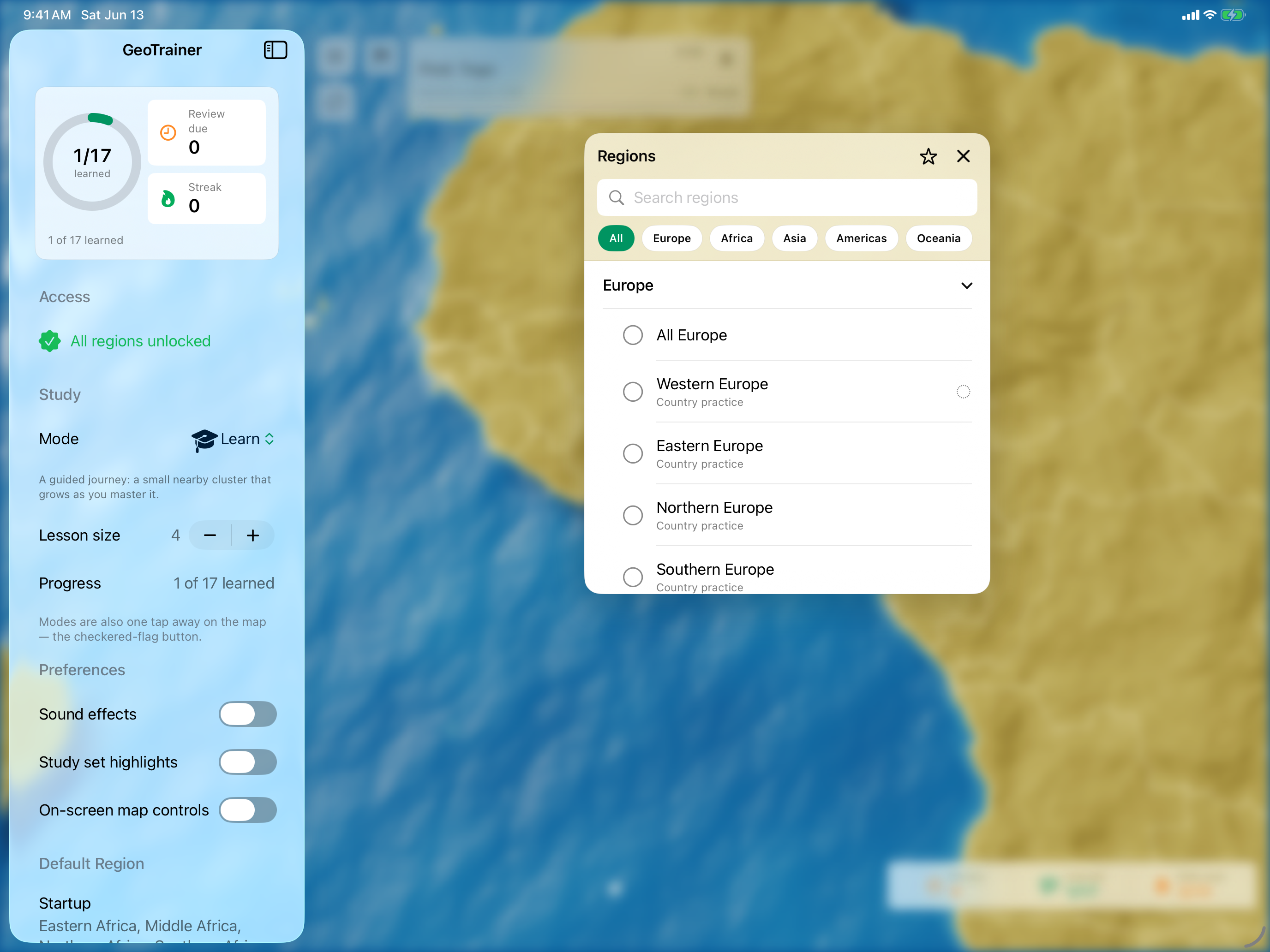 GeoTrainer region picker on iPad