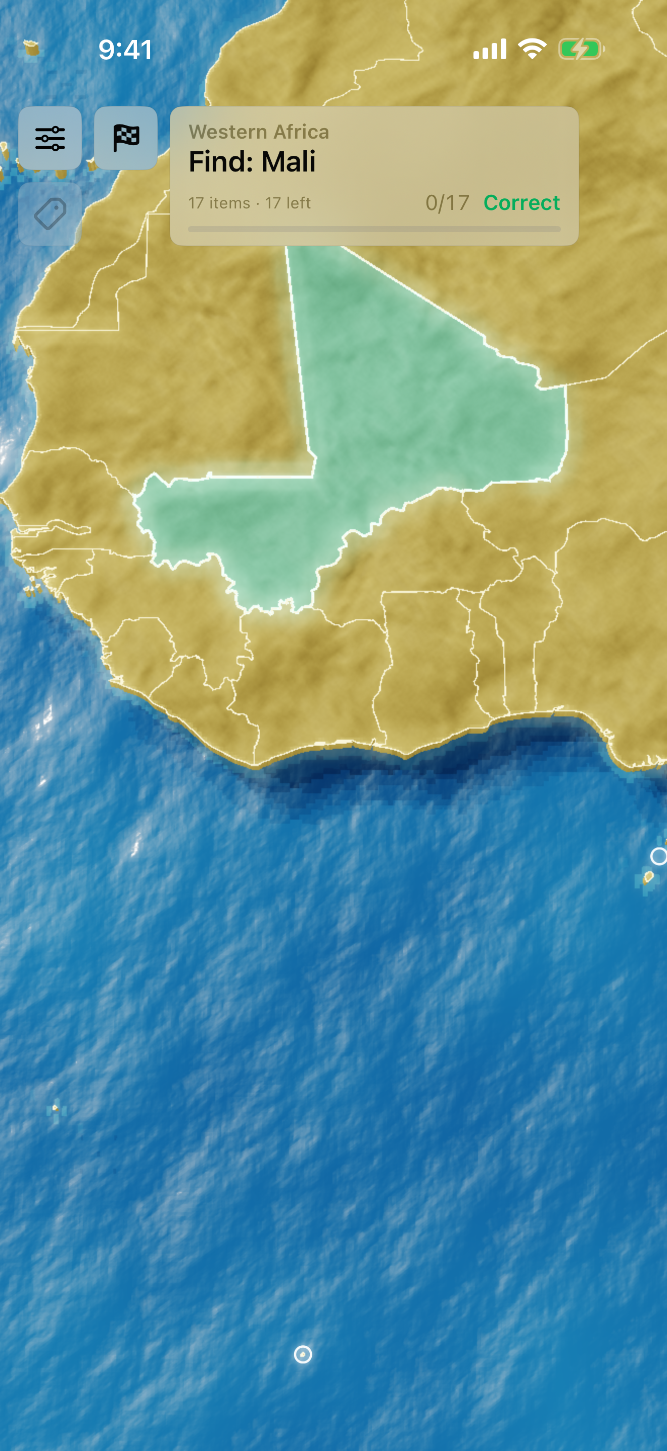 GeoTrainer showing a correct answer highlighted on the map